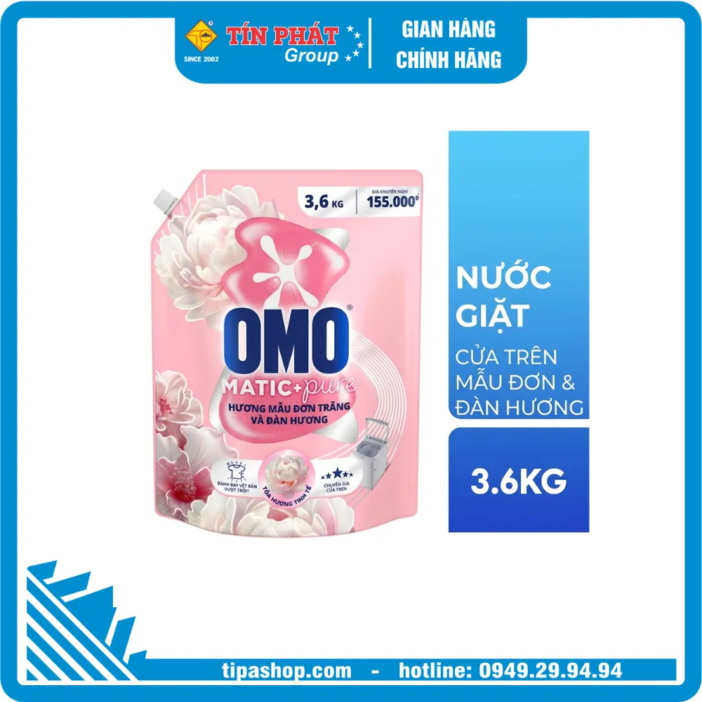 Nước Giặt OMO Comfort Tinh Dầu Thơm Cho Máy Giặt Cửa Trên – Hương Mẫu Đơn & Đàn Hương, Túi 3.6kg